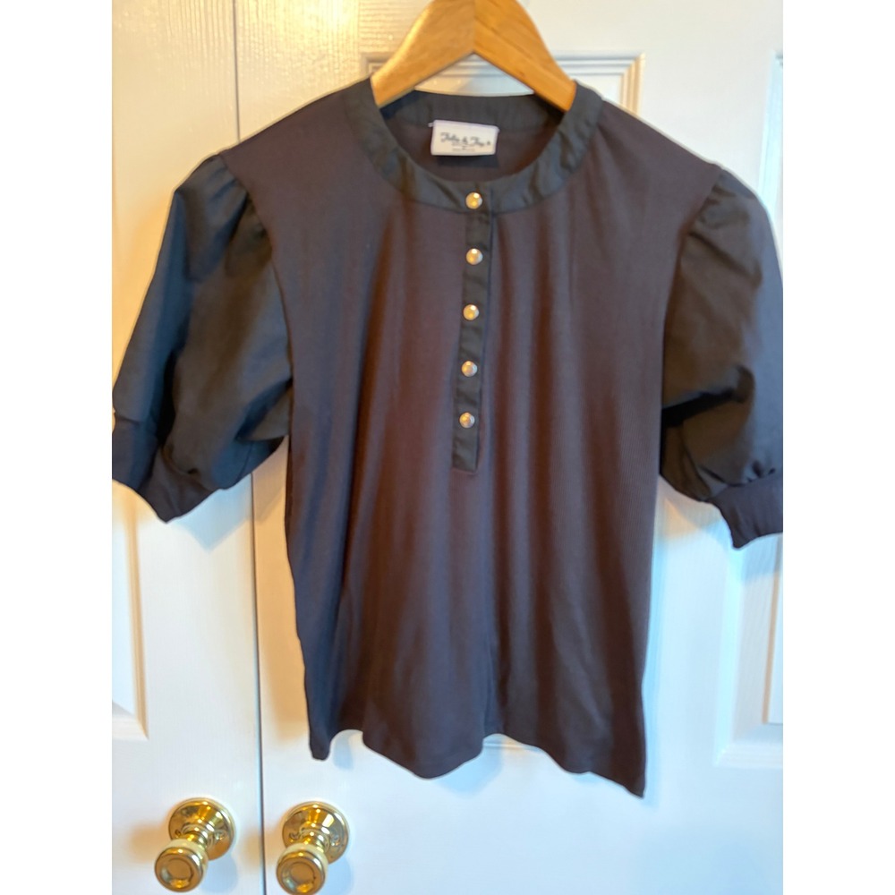 Jolie & Joy Black Mixed Media Ribbed Puff Sleeve Button Top M J4L9921C